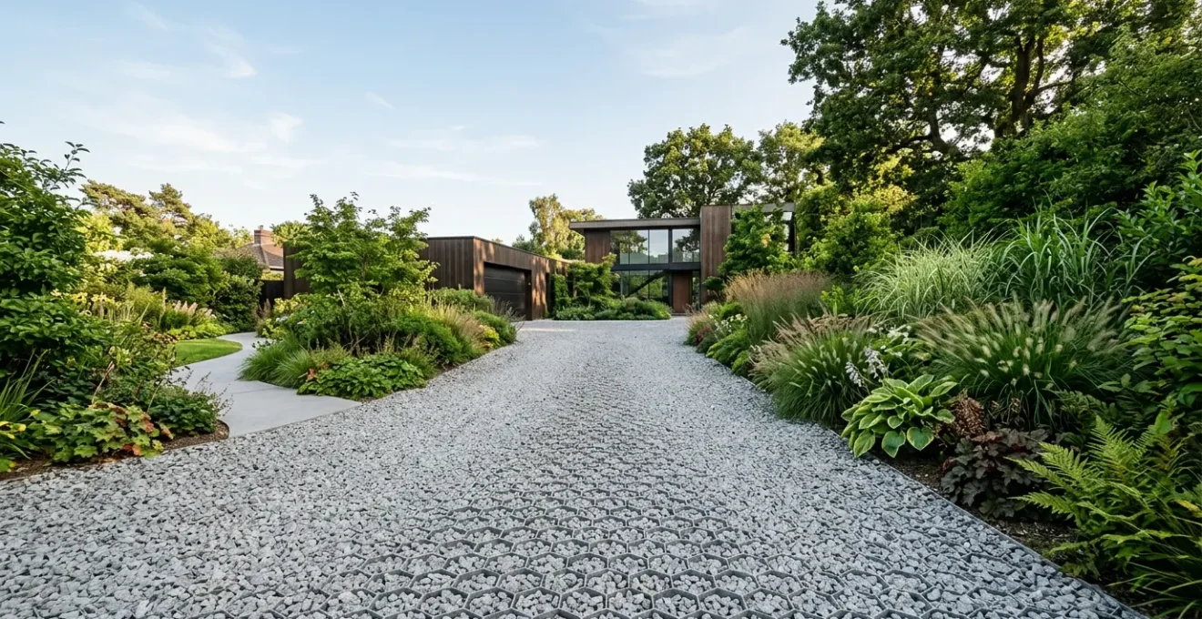 Allée de jardin en gravier stabilisé avec structure alvéolaire permettant passage de véhicules et infiltration d'eau de pluie
