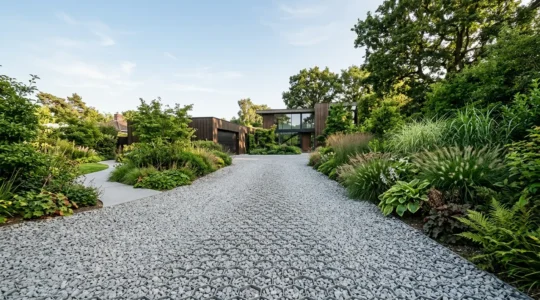 Allée de jardin en gravier stabilisé avec structure alvéolaire permettant passage de véhicules et infiltration d'eau de pluie