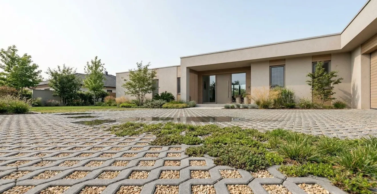 Allée résidentielle avec revêtement perméable intégrant dalles alvéolaires et végétalisation, illustrant une solution écologique de drainage