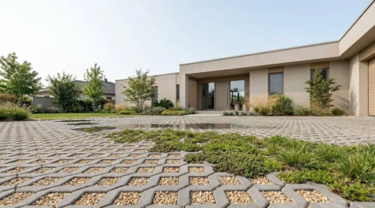 Allée résidentielle avec revêtement perméable intégrant dalles alvéolaires et végétalisation, illustrant une solution écologique de drainage