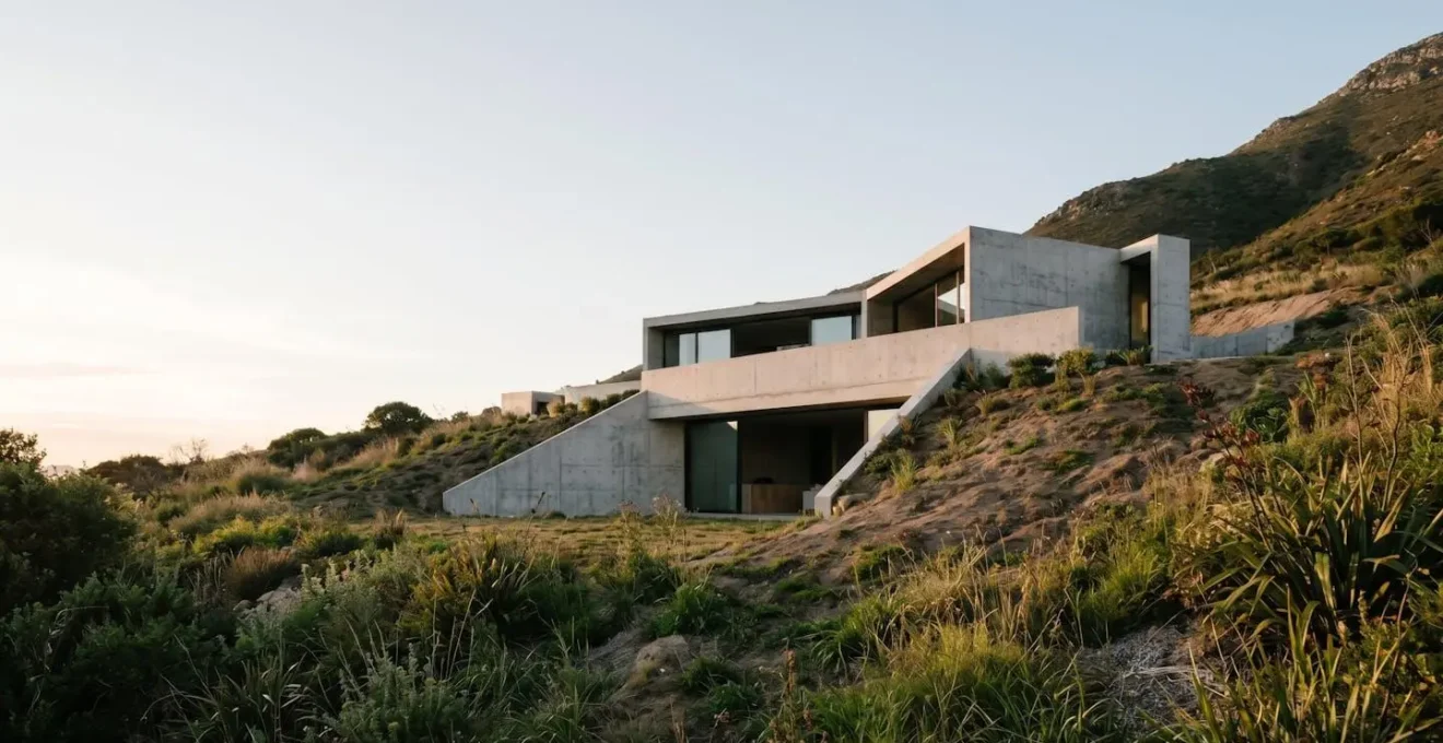 Vue architecturale minimaliste d'une construction semi-enterrée intégrée intelligemment dans une pente naturelle