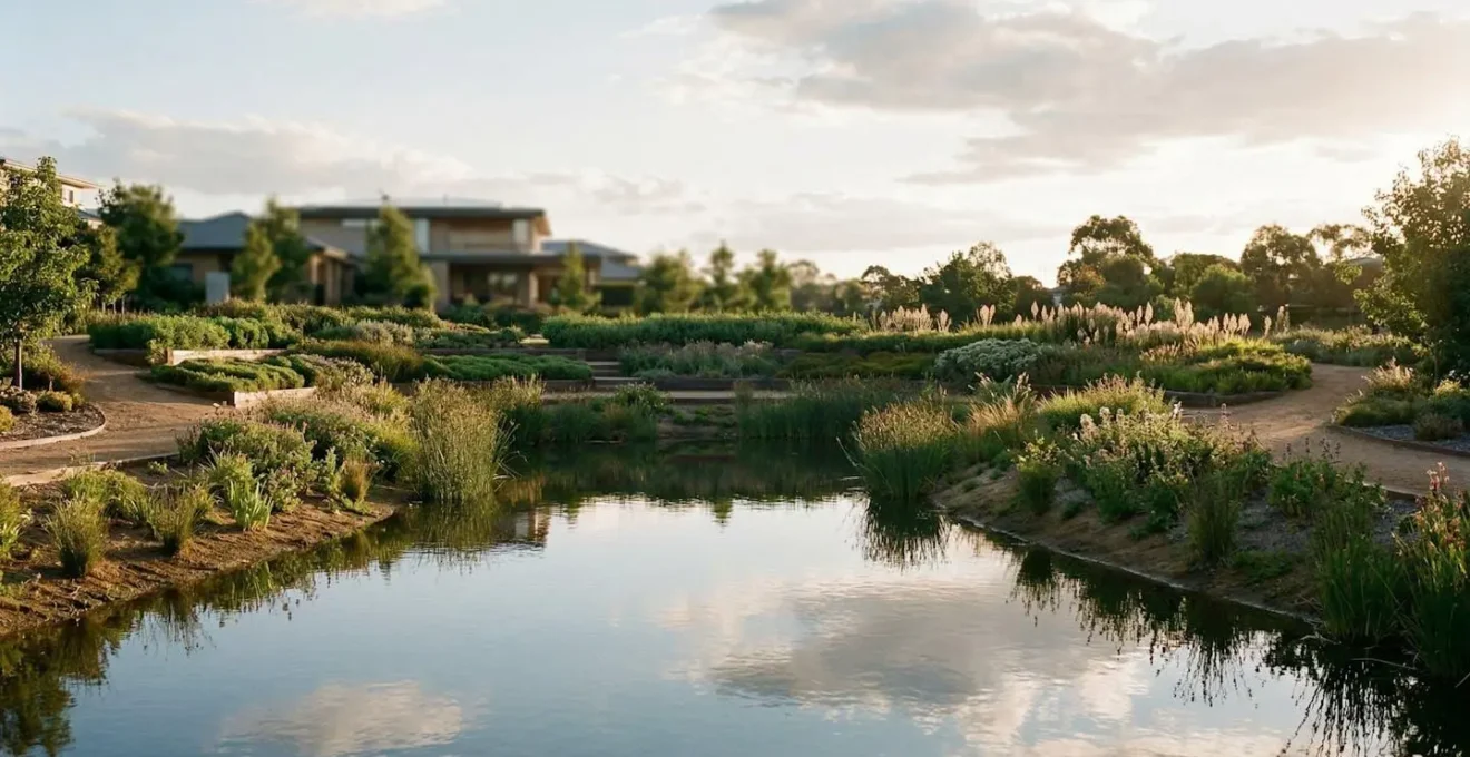 Bassin de rétention des eaux pluviales à ciel ouvert naturellement intégré dans un jardin paysager résidentiel