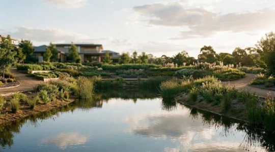 Bassin de rétention des eaux pluviales à ciel ouvert naturellement intégré dans un jardin paysager résidentiel