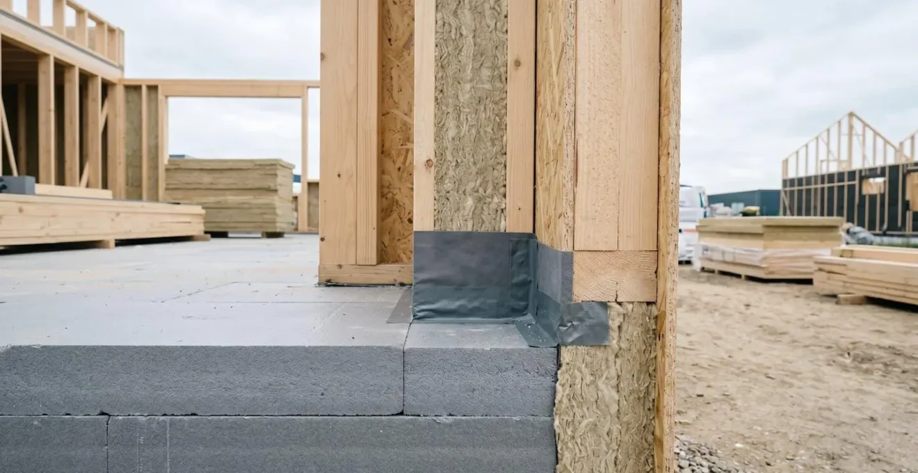 Vue d'ensemble d'un chantier de construction passive montrant la jonction entre plancher et mur avec isolation continue