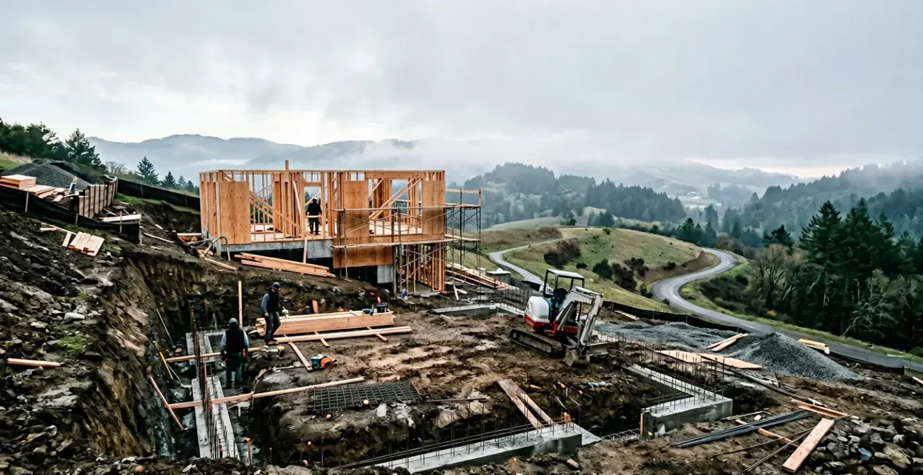 Chantier de construction sur terrain complexe avec fondations spéciales en cours
