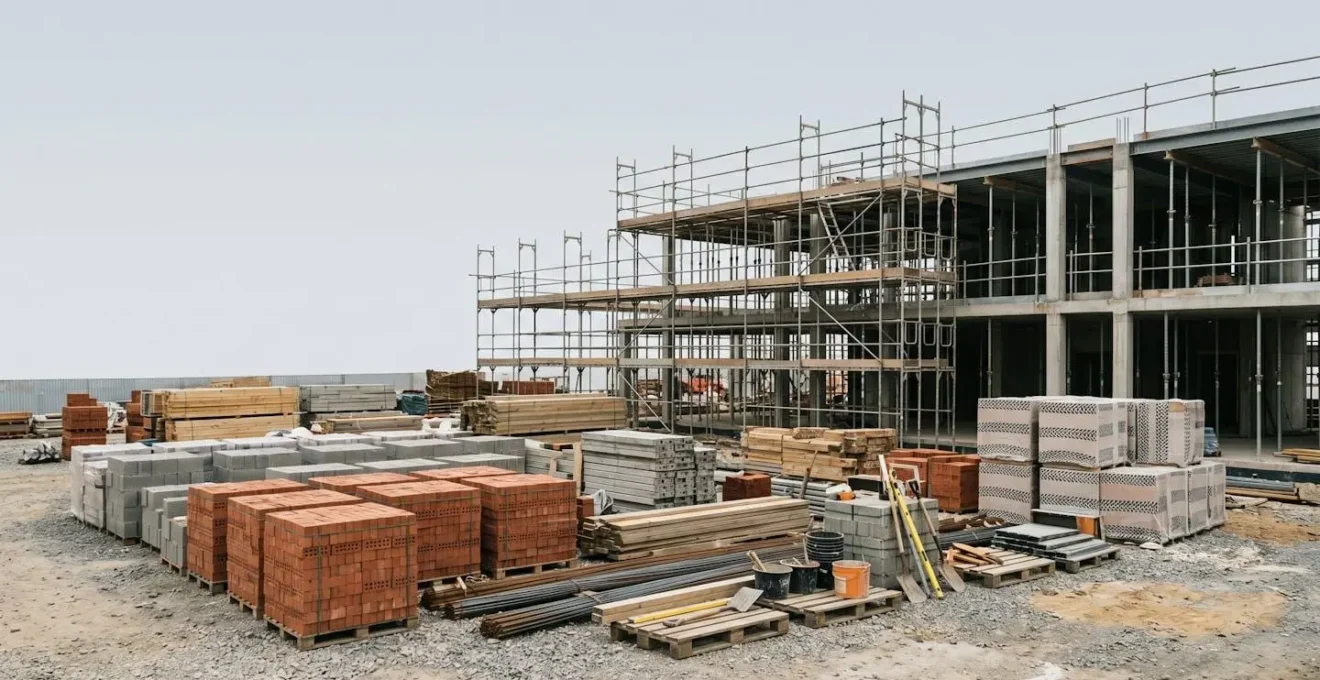 Chantier de gros œuvre organisé avec matériaux et équipements de construction