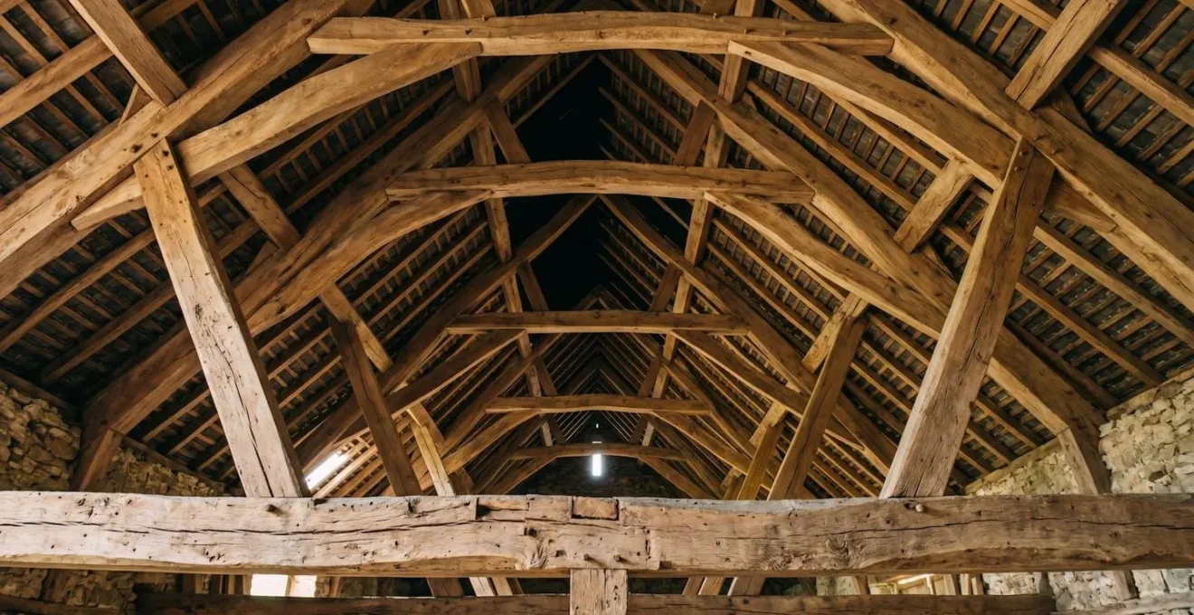Vue architecturale d'une charpente ancienne en bois montrant l'équilibre naturel des forces