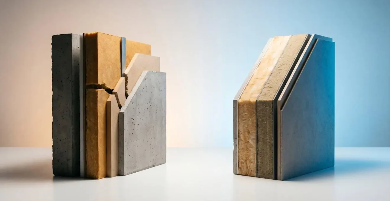 Représentation conceptuelle montrant la continuité de l'enveloppe isolante d'un mur sandwich en béton préfabriqué versus les ruptures thermiques traditionnelles