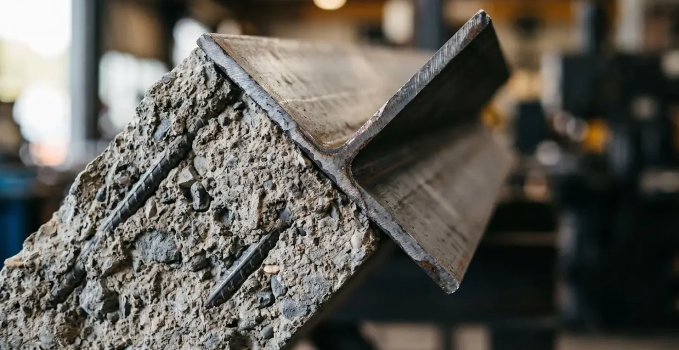Gros plan détaillé sur les textures contrastées d'une poutre IPN en acier et d'un linteau en béton armé côte à côte