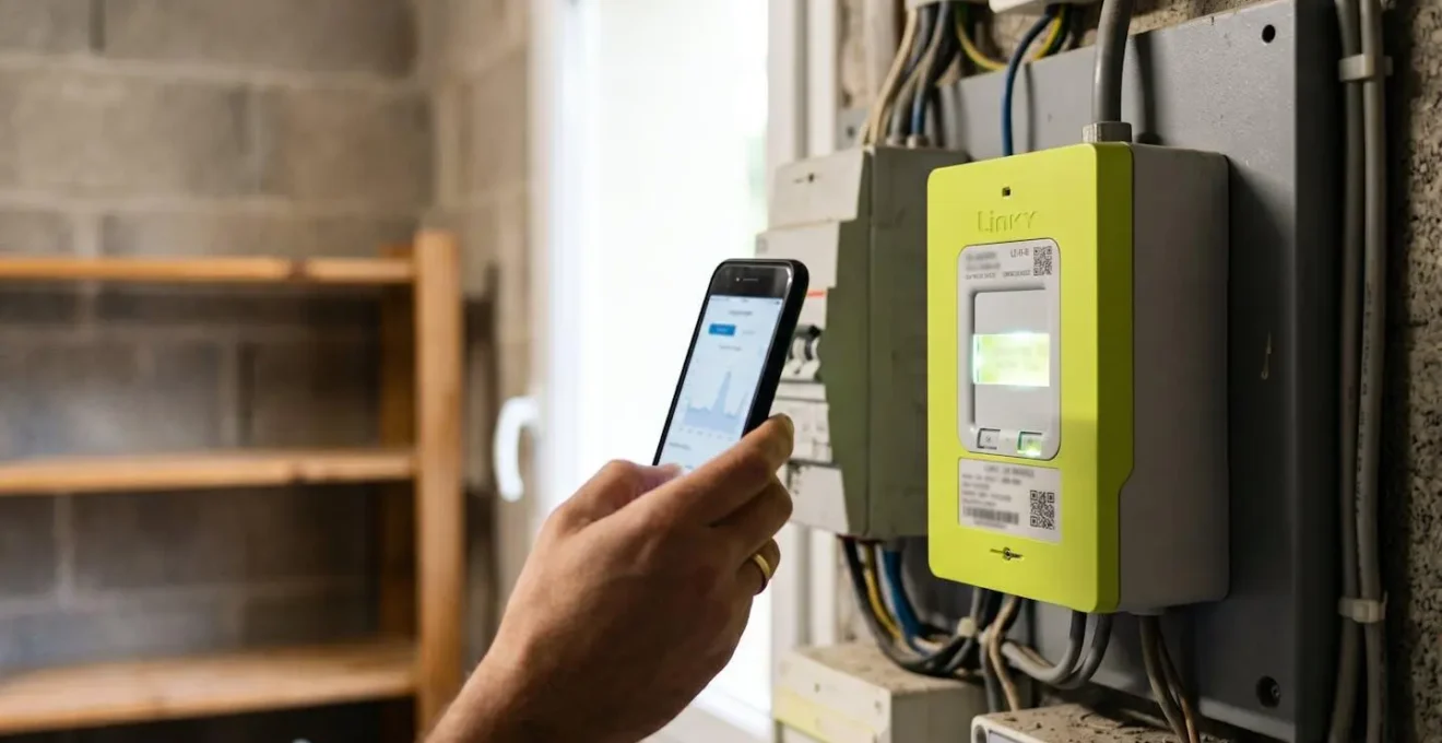 Compteur électrique Linky dans un environnement domestique avec affichage lumineux de données de consommation
