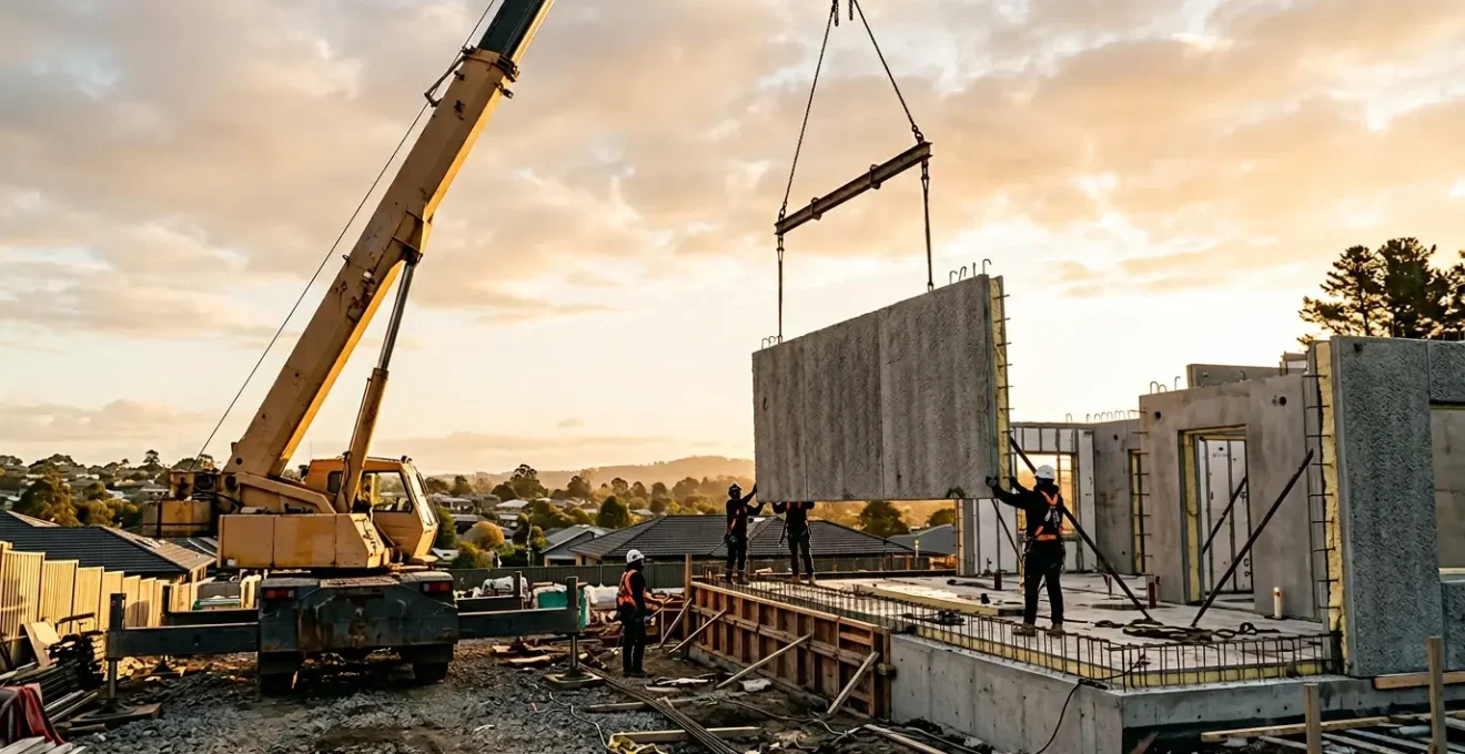 Chantier de construction de maison neuve avec panneaux de béton préfabriqué thermique en cours de levage par grue mobile
