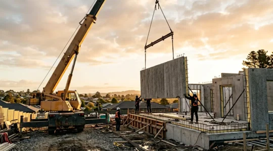 Chantier de construction de maison neuve avec panneaux de béton préfabriqué thermique en cours de levage par grue mobile