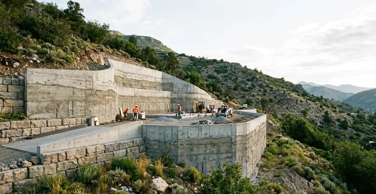 Vue large d'un terrain en forte pente sécurisé avec un mur de soutènement solide retenant les terres