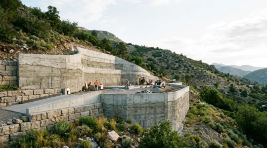 Vue large d'un terrain en forte pente sécurisé avec un mur de soutènement solide retenant les terres