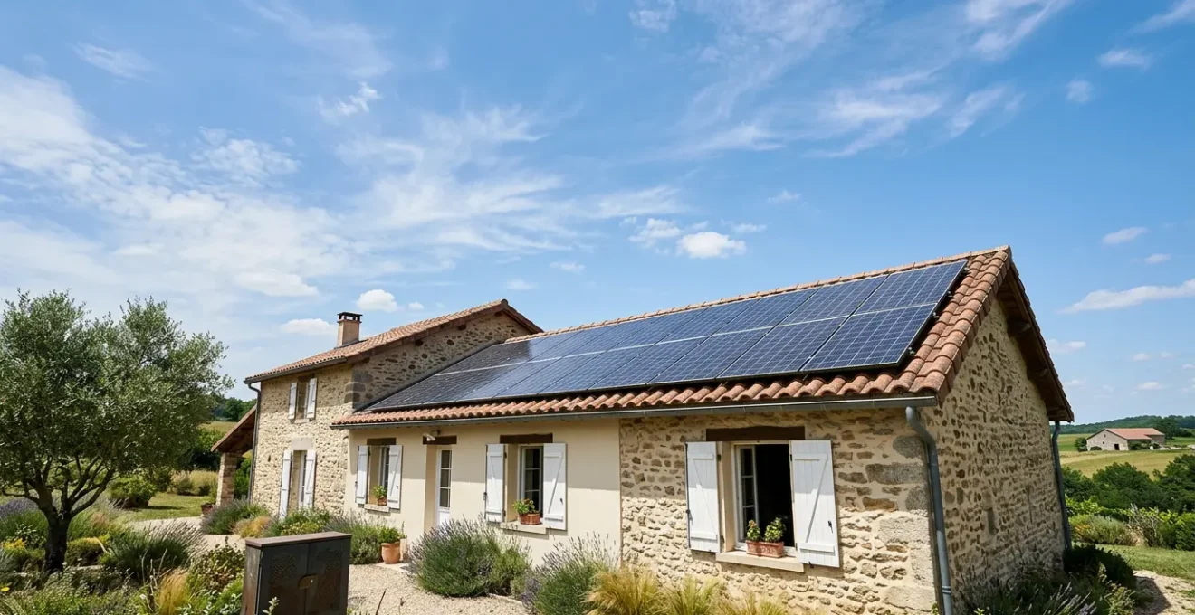 Installation photovoltaïque résidentielle sous un ciel ensoleillé avec compteur intelligent visible, symbolisant la monétisation de l'électricité solaire