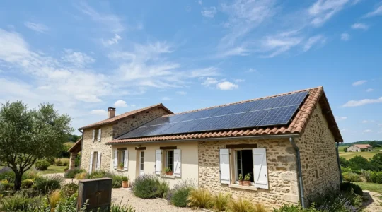 Installation photovoltaïque résidentielle sous un ciel ensoleillé avec compteur intelligent visible, symbolisant la monétisation de l'électricité solaire