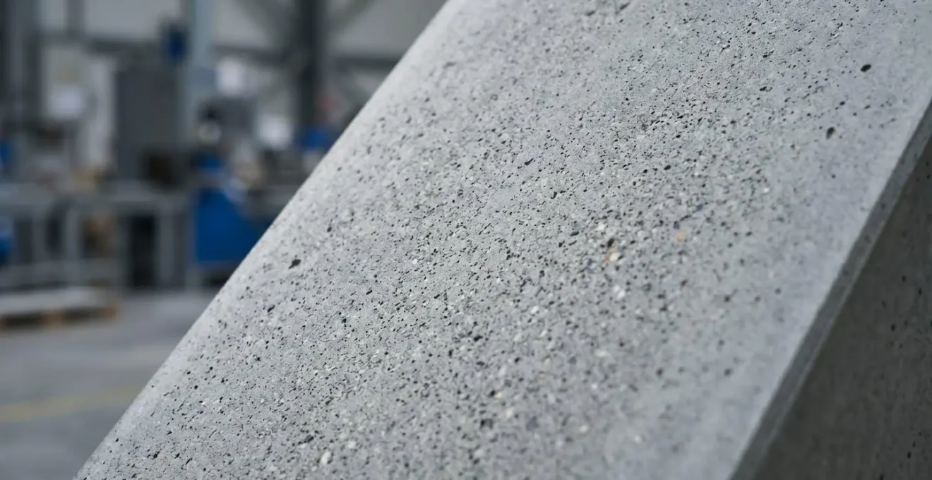 Inspection rapprochée de la surface d'un panneau de béton préfabriqué en atelier industriel révélant la texture dense et homogène du matériau