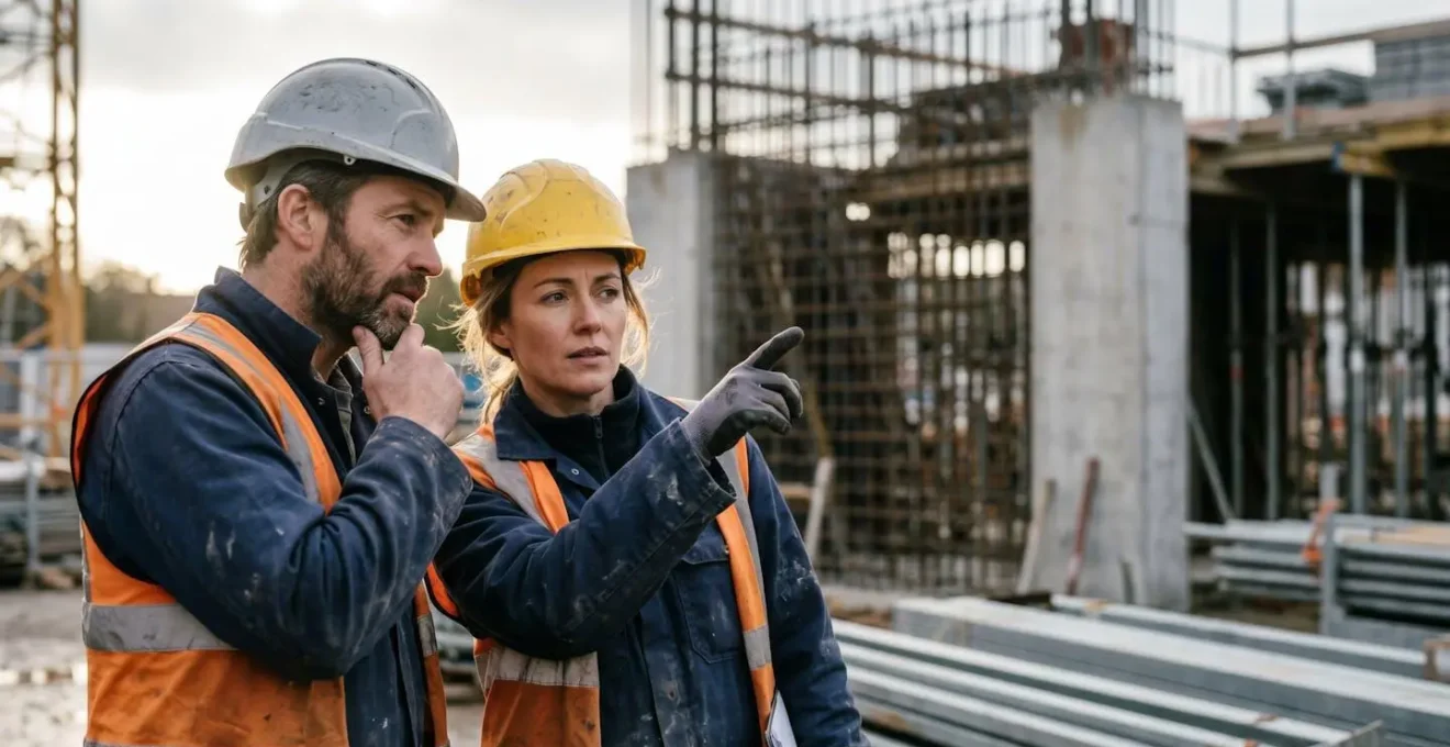 Coordination entre professionnels du bâtiment lors d'une réunion de chantier de gros œuvre