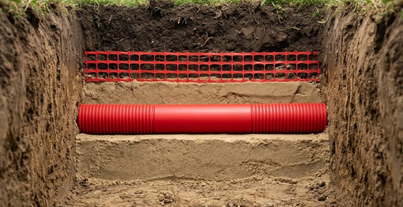 Coupe transversale d'une tranchée montrant les couches de sable, la gaine TPC rouge et le grillage avertisseur conformément à la norme