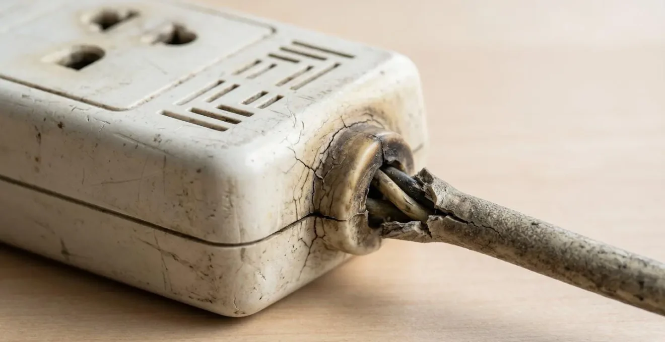Gros plan sur une multiprise électrique présentant des signes de surchauffe avec câbles et prises visibles