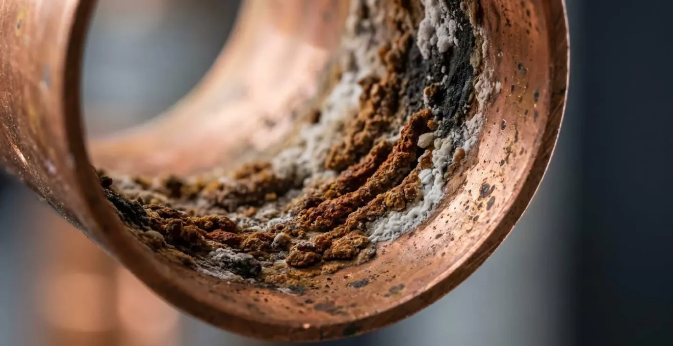 Gros plan macro sur les dépôts de boue et particules métalliques dans un circuit hydraulique