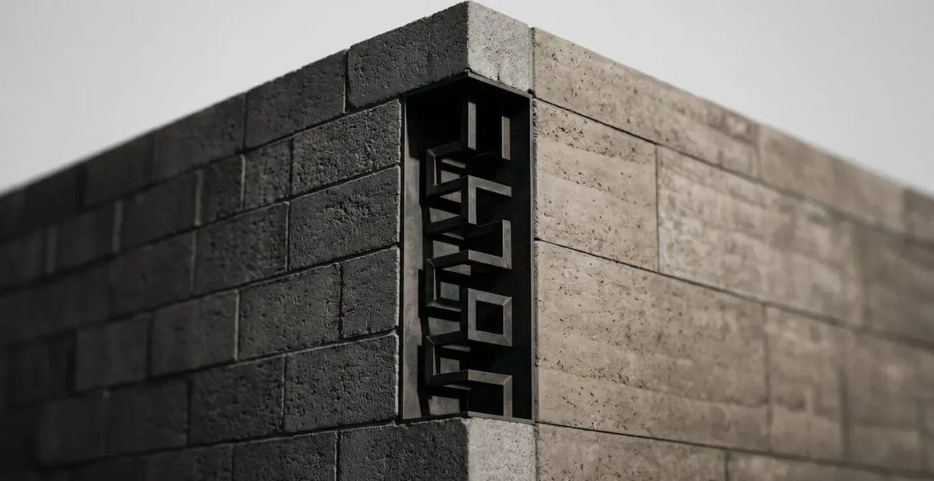 Vue rapprochée d'un angle de construction montrant l'intégration d'un chaînage vertical en béton armé