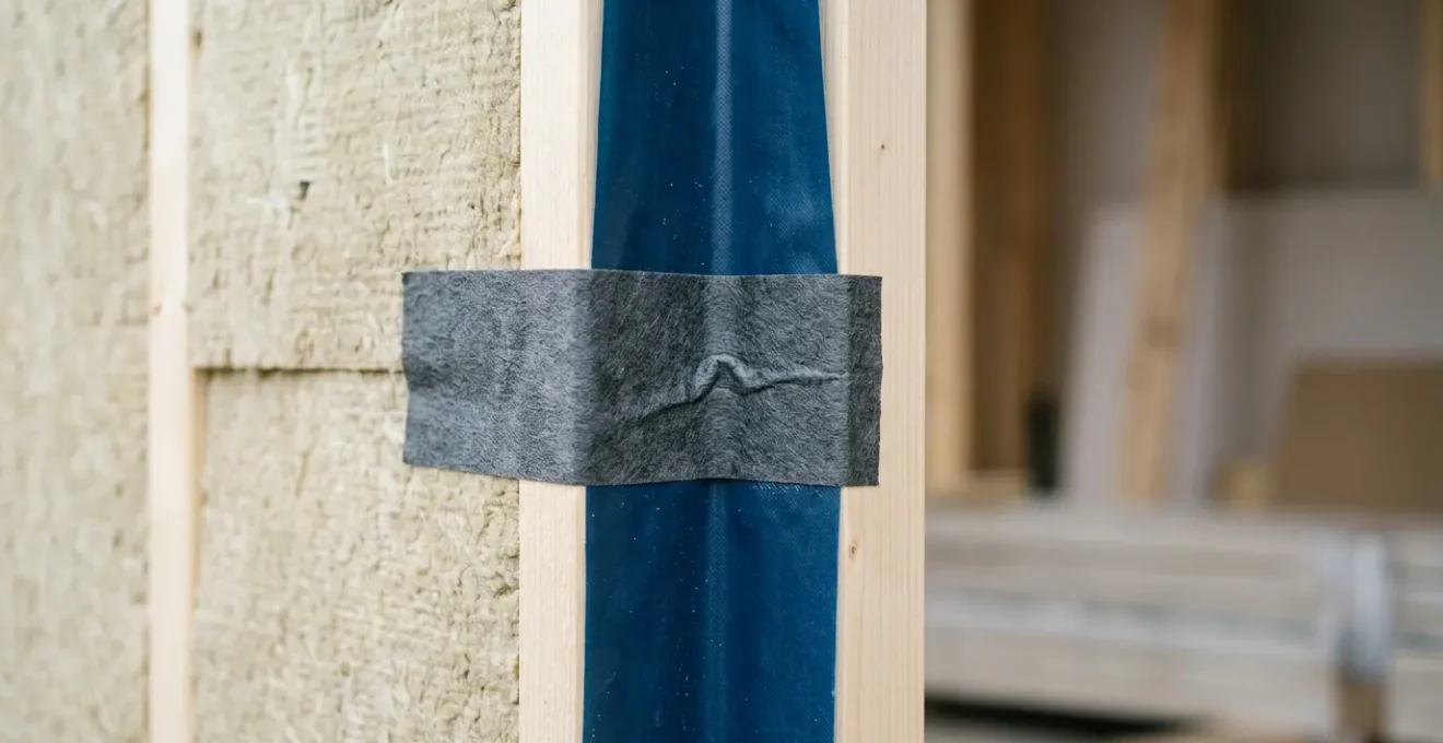 Gros plan sur une enveloppe de bâtiment passive avec des détails d'étanchéité à l'air et de membranes isolantes