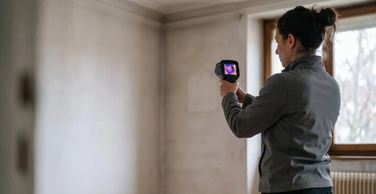 Professionnel réalisant un diagnostic thermographique d'un angle de mur avec une caméra infrarouge