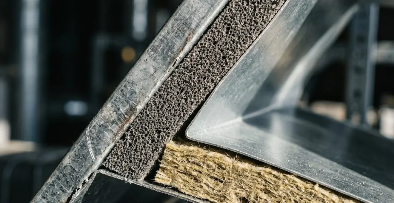 Gros plan technique sur un réseau de gaines de ventilation avec détails des matériaux et textures