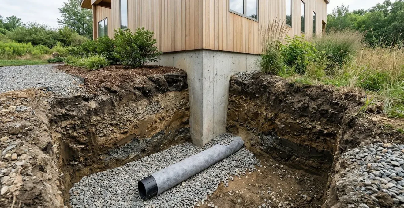 Système de drainage périphérique de fondation avec tranchée, drain perforé et nappe géotextile protégeant un mur enterré contre l'humidité