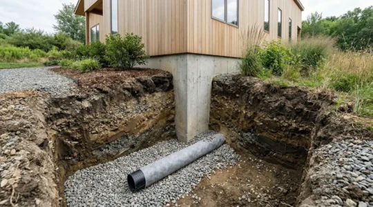 Système de drainage périphérique de fondation avec tranchée, drain perforé et nappe géotextile protégeant un mur enterré contre l'humidité