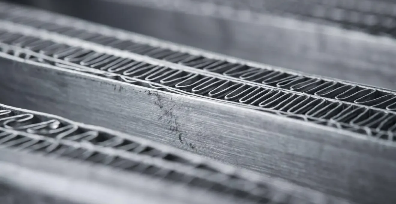 Gros plan sur les plaques alvéolaires d'un échangeur thermique à contre-courant