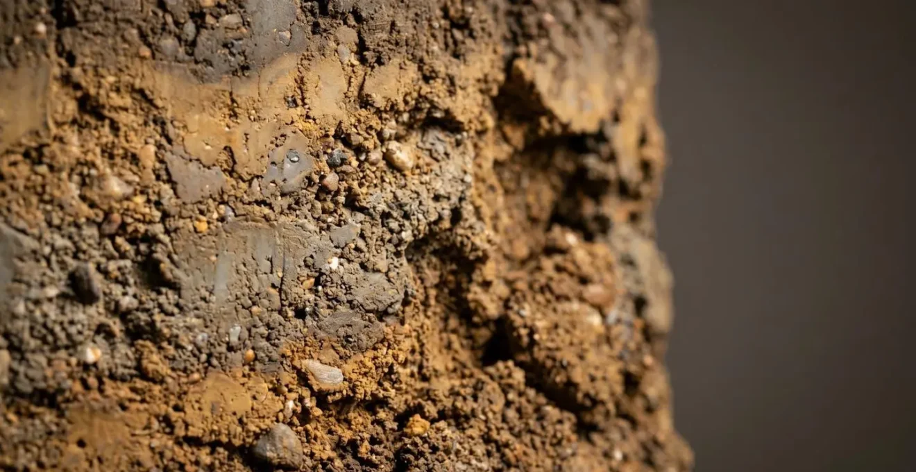 Gros plan macro sur échantillon de sol argileux montrant sa texture et sa structure
