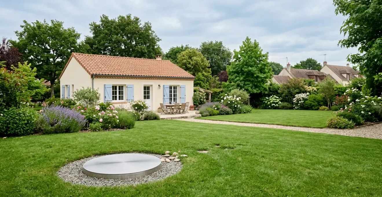 Installation géothermique domestique avec forages verticaux dans un jardin résidentiel français