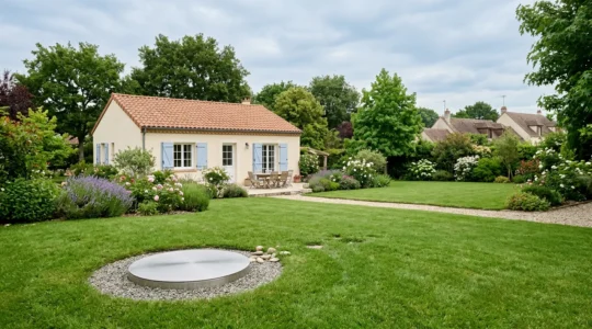 Installation géothermique domestique avec forages verticaux dans un jardin résidentiel français