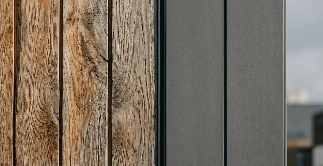 Détail architectural d'une façade de pavillon avec bardage moderne et texture naturelle