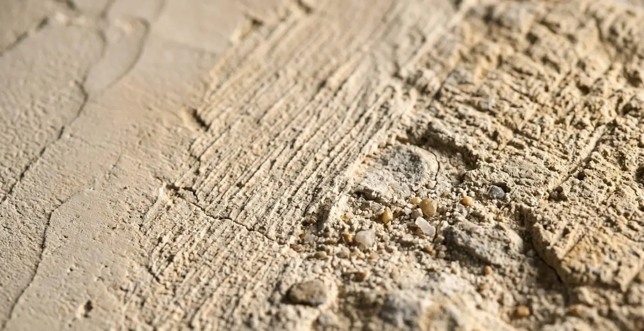 Détail macro d'une finition d'enduit à la chaux montrant la texture et l'interaction avec la lumière