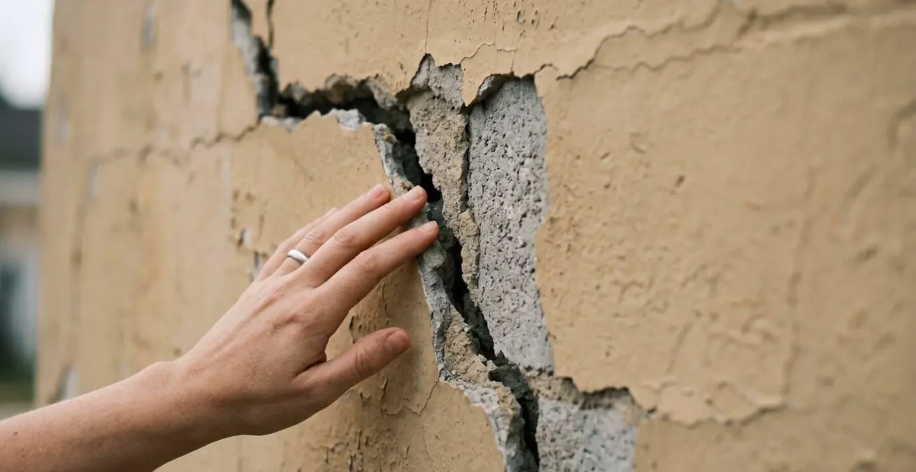 Gros plan sur une fissure structurelle évolutive traversant le mur d'une façade de maison individuelle exposée au retrait-gonflement des argiles