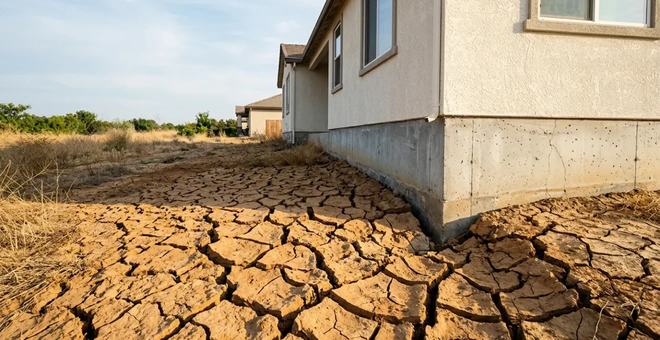 Vue en coupe d'une fondation de maison individuelle exposée au phénomène de retrait-gonflement des argiles lors d'une période de sécheresse