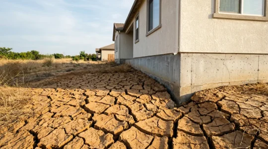 Vue en coupe d'une fondation de maison individuelle exposée au phénomène de retrait-gonflement des argiles lors d'une période de sécheresse