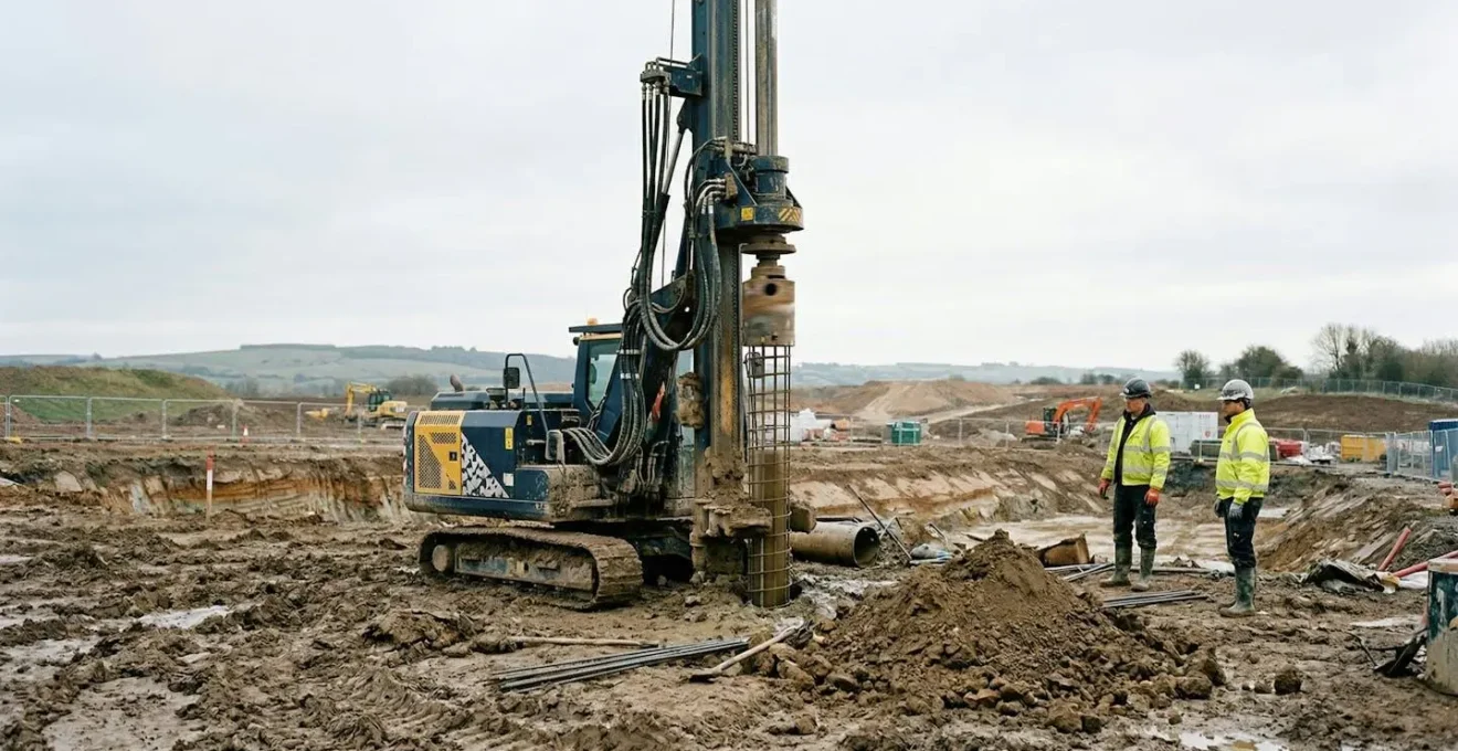 Chantier de forage profond sur terrain instable avec foreuse compacte en action