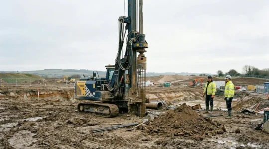 Chantier de forage profond sur terrain instable avec foreuse compacte en action