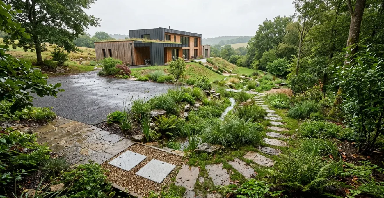 Système de gestion des eaux pluviales sur une parcelle résidentielle avec drainage et infiltration naturelle