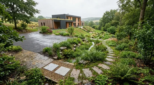 Système de gestion des eaux pluviales sur une parcelle résidentielle avec drainage et infiltration naturelle