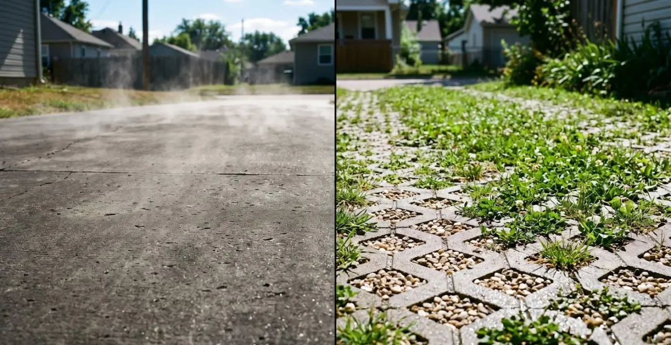 Contraste visuel entre surface bétonnée chaude et surface perméable végétalisée fraîche sous même ensoleillement