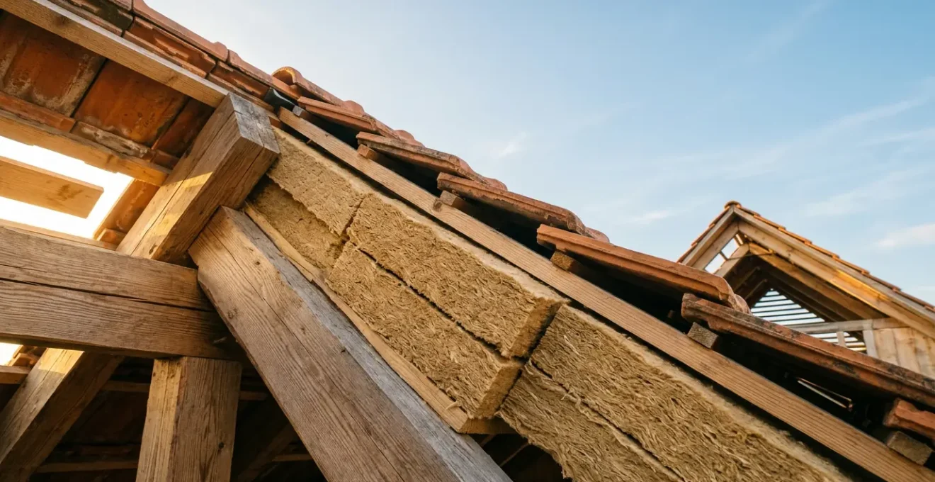 Vue en coupe d'une toiture aménagée montrant l'isolation en panneaux de fibre de bois sous les chevrons dans un environnement naturel lumineux