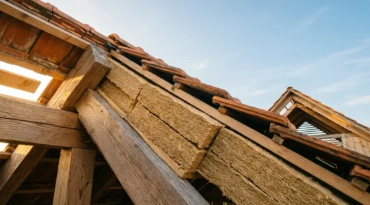 Vue en coupe d'une toiture aménagée montrant l'isolation en panneaux de fibre de bois sous les chevrons dans un environnement naturel lumineux
