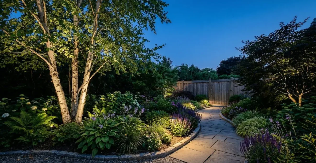 Jardin moderne la nuit avec éclairage LED domotisé mettant en valeur les massifs et arbres