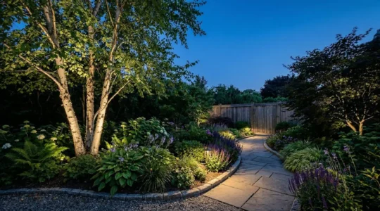 Jardin moderne la nuit avec éclairage LED domotisé mettant en valeur les massifs et arbres