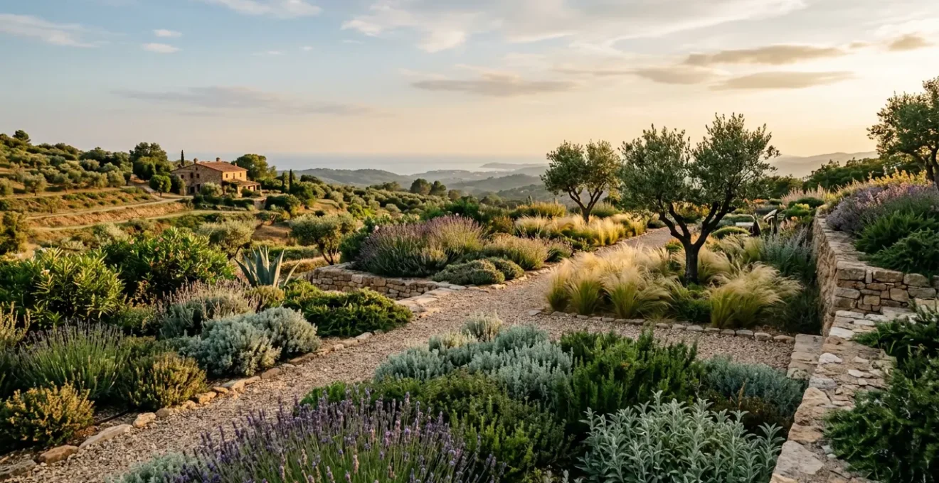 Aménagement paysager méditerranéen résistant à la sécheresse avec plantes vivaces et paillage minéral